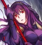  aliesta bodysuit breasts fate/grand_order fate_(series) gae_bolg holding holding_weapon large_breasts long_hair polearm purple_bodysuit purple_hair red_eyes scathach_(fate)_(all) scathach_(fate/grand_order) solo spear veil weapon 