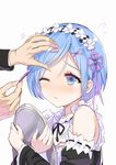  ;&lt; aldehyde bare_shoulders black_dress blue_eyes blue_hair blush detached_sleeves dress face frills hair_ornament hand_on_another's_head maid maid_headdress one_eye_closed re:zero_kara_hajimeru_isekai_seikatsu rem_(re:zero) ribbon short_hair solo_focus tray upper_body x_hair_ornament 