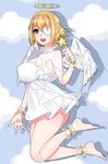  alternate_costume angel_wings ankle_cuffs anklet bad_id bad_pixiv_id barefoot blonde_hair blue_eyes breasts capelet dress eyepatch halo highres huge_breasts jewelry jumping looking_at_viewer microdress no_bra open_mouth prince_of_wales_(zhan_jian_shao_nyu) see-through short_hair solo wan_nian_da_zha_de_r wand white_dress wings zhan_jian_shao_nyu 