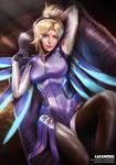  alternate_color arm_behind_head artist_name bad_deviantart_id bad_id blonde_hair blue_eyes blue_wings bodysuit breasts couch glowing glowing_wings high_ponytail highres lacanishu large_breasts lips looking_at_viewer mechanical_halo mechanical_wings mercy_(overwatch) on_couch overwatch pantyhose realistic solo sunlight wings 