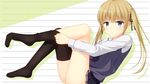  black_legwear blonde_hair blush dressing from_side highres hiramilemon looking_at_viewer miniskirt no_shoes saenai_heroine_no_sodatekata sawamura_spencer_eriri skirt solo sweater_vest thighhigh_dangle thighhighs thighhighs_pull thighs twintails 