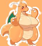  &lt;3 &lt;3_eyes 2016 antennae anthro anthrofied big_breasts blush breasts claws dragonite fdokkaku featureless_breasts female horn huge_breasts looking_at_viewer membranous_wings nintendo nude open_mouth orange_background orange_eyes orange_horn orange_scales pok&eacute;mon pok&eacute;morph scales scalie simple_background smile solo toe_claws tongue video_games white_claws wings 
