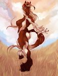  2016 anthro areola breasts brown_fur brown_nipples butt cloud day english_text equine feathering female flower fur grass hair hooves horse keedot long_hair mammal nipples nude outside plant pose side_boob sky solo text watermark white_fur white_hair 