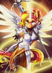  5_fingers anthro armor dennyvixen equestria_girls green_eyes hair inner_ear_fluff invalid_tag looking_at_viewer multicolored_hair my_little_pony reaching_out staff sunset_shimmer_(eg) tagme wings 