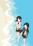  barefoot beach bike_shorts black_hair black_skirt blue_neckwear blue_ribbon buttons closed_eyes commentary footprints glider_(artist) gloves gloves_removed hair_ornament hairclip highres kantai_collection kuroshio_(kantai_collection) long_hair looking_back multiple_girls neck_ribbon no_legwear ocean open_mouth oyashio_(kantai_collection) pleated_skirt ribbon sand school_uniform shirt short_hair short_sleeves shorts shorts_under_skirt skirt vest vest_removed water white_gloves white_shirt 