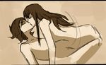  kill_la_kill kiryuuin_satsuki kiss long_hair matoi_ryuuko monochrome multiple_girls nude roman_imperial sepia short_hair yuri 