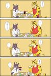  beverage cat comic egg feline food male male/male mammal morenatsu shin_(morenatsu) soy_sauce spitting_out surprise tea tea_time text tiger torahiko_(morenatsu) translation_request 
