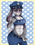  2016 abs anthro breasts cleavage clothed clothing disney female front_view fur grey_fur hat judy_hopps lagomorph long_ears looking_at_viewer lucky_neko mammal navel pants pink_eyes pink_nose police_officer police_uniform rabbit seductive short_tail simple_background solo uniform zootopia 
