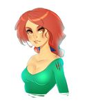  1girl breasts brown_eyes cleavage highres long_hair looking_at_viewer parted_lips red_hair simple_background solo superboin the_witcher triss_merigold upper_body white_background 
