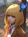  bangs blonde_hair blurry brown_eyes bug butterfly depth_of_field fence from_above gohpot highres insect jacket midorikawa_hana neck_ribbon prison_school realistic ribbon school_uniform signature solo sunlight upper_body watermark web_address 