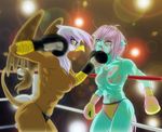  2016 abs abstract_background absurd_res anthro anthrofied avian blood boxing boxing_gloves breasts clothed clothing duo earth_pony equine fan_character female fighting_ring friendship_is_magic gilda_(mlp) green_eyes gryphon hair hi_res horse inside mammal muscular muscular_female my_little_pony nipples open_mouth pink_hair pony smile sport tail_tuft topless tuft viroal wounded yellow_eyes 