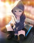  black_legwear black_skirt blue_eyes blush boots breasts can cleavage collarbone eyebrows eyebrows_visible_through_hair hood hoodie looking_at_viewer original pleated_skirt rezi short_hair silver_hair sitting skirt small_breasts solo tank_top thighhighs zettai_ryouiki 