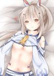  1girl ayanami_(azur_lane) azur_lane bandaid bandaid_on_arm bangs bed_sheet belt belt_buckle black_choker blue_skirt breasts brown_eyes brown_hair buckle choker commentary_request dakkusu eyebrows_visible_through_hair hair_between_eyes hair_ornament hand_under_clothes hand_under_shirt headgear heart high_ponytail lifted_by_self long_sleeves looking_at_viewer lying navel on_back parted_lips pleated_skirt ponytail remodel_(azur_lane) shirt shirt_lift sidelocks skirt small_breasts solo twitter_username underboob white_belt white_shirt wide_sleeves yellow_neckwear 