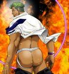  1boy as ass ass_cutout bara butt_crack green_hair looking_at_viewer male_focus muscle piercing smile solo tagme 