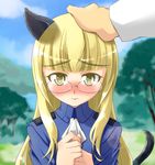  animal_ears bad_id bad_pixiv_id blonde_hair blush cat_ears cat_tail glasses hand_on_another's_head long_hair military military_uniform out_of_frame perrine_h_clostermann petting sayu_(mio-mosa) solo_focus strike_witches tail uniform wavy_mouth world_witches_series yellow_eyes 