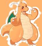  2016 ambiguous_gender antennae blush claws dragonite fdokkaku horn looking_at_viewer membranous_wings nintendo nude open_mouth orange_background orange_eyes orange_horn orange_scales pok&eacute;mon scales scalie simple_background smile solo toe_claws tongue video_games white_claws wings 