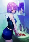  bathroom blood cowboy_shot evil_smile from_side looking_at_viewer mirror original purple_hair red_eyes short_hair shorts sink smile soap_bottle solo sukja toothbrush toothpaste towel towel_around_neck towel_rack 