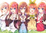  5girls 723/nanahumi :d ;d ahoge bangs blazer blue_cardigan blue_eyes blush bow breasts brown_bow brown_hair brown_jacket cardigan collared_shirt commentary dress_shirt eyebrows_visible_through_hair fingernails go-toubun_no_hanayome green_bow green_hairband green_ribbon green_skirt hair_between_eyes hair_bow hair_ornament hair_ribbon hairband headphones headphones_around_neck heart heart_hands jacket multiple_girls nakano_ichika nakano_itsuki nakano_miku nakano_nino nakano_yotsuba one_eye_closed open_blazer open_clothes open_jacket open_mouth plaid plaid_bow pleated_skirt red_hair ribbon school_uniform shirt siblings sisters skirt small_breasts smile star star_hair_ornament sweater_vest symbol_commentary twitter_username watermark white_background white_shirt 