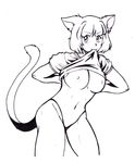  2011 animal_humanoid breasts cat_humanoid clothing feline female greyscale hair hands_behind_back humanoid line_art looking_at_viewer mammal monochrome navel nipples short_hair simple_background smile solo teasing thong undressing white_background zerocalnozero 