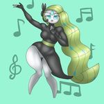  2016 anthro anthrofied armpits big_breasts blue_eyes bottomless breasts clothed clothing female green_background green_hair hair hi_res legendary_pok&eacute;mon looking_at_viewer lurkingtyger meloetta musical_note nintendo open_mouth pok&eacute;mon pok&eacute;morph pussy simple_background solo teeth tongue video_games white_skin wide_hips 