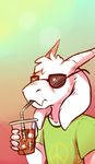  asriel_dreemurr beverage caprine clothing eyewear food freckledbastard horn ice lemon long_ears mammal peace_symbol shirt straw sunglasses t-shirt undertale video_games watermark 