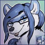  anthro blue_hair eyewear fangs female glasses hair looking_at_viewer mammal open_mouth raccoon sigil simple_background smile solo teeth tongue 