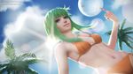 balancing bikini blue_sky cloud day drawcrowd_sample dutch_angle from_below gohpot green_eyes green_hair gumi highres image_sample lens_flare navel palm_tree side-tie_bottom sky smile solo sun swimsuit tree vocaloid volleyball 