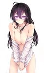  ahoge antenna_hair beifeng_han black_hair blush breast_squeeze breasts cleavage glowing glowing_eyes hair_between_eyes highres large_breasts long_hair looking_at_viewer miyaura_sanshio navel open_mouth original purple_eyes revision simple_background solo thighs undressing white_background 