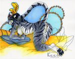  2016 all_fours anthro black_hair black_nose black_pawpads blue_pussy breasts butt english_text feathers feline female fur grey_fur hair jewelry keedot long_hair mammal nude pawpads pillow pussy raised_tail solo stripes text tiger watermark white_fur yellow_eyes yellow_feathers 