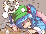  blanket blue_hair closed_eyes dated dreaming drooling green_hat hair_between_eyes hair_bobbles hair_ornament hat imagining kasa_jizou kawashiro_nitori long_sleeves open_mouth short_hair short_twintails sleeping solo thought_bubble tools touhou twintails two_side_up zzz 