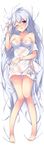  ahoge bare_shoulders bed_sheet blush breasts cleavage collarbone commentary_request d; dakimakura full_body highres long_hair looking_at_viewer lying matoi_(pso2) medium_breasts milkpanda naked_towel one_eye_closed open_mouth phantasy_star phantasy_star_online_2 red_eyes solo towel wet_towel white_hair 