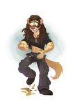  2015 anthro boombox_(artist) brown_eyes brown_fur brown_hair brown_nose clothed clothing clothing_lift digital_media_(artwork) dreadlocks embarrassed footwear front_view fur hair headband hi_res inner_ear_fluff jewelry male mammal multicolored_fur mustelid necklace open_pants pants shirt shirt_lift shoes simple_background solo standing tan_fur tongue tongue_out underwear urine urine_pool weasel wetting white_background white_fur 