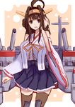  black_legwear black_skirt brown_eyes brown_hair detached_sleeves hakama_skirt japanese_clothes kantai_collection kongou_(kantai_collection) long_hair miko miniskirt open_mouth pleated_skirt ryuuno6 skirt solo thighhighs zettai_ryouiki 