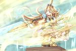  armor armored_boots baram blonde_hair blue_eyes blush boots charlotta_fenia crown dress gauntlets granblue_fantasy harvin holding holding_sword holding_weapon long_hair open_mouth outstretched_arm petals pointy_ears puffy_sleeves shield solo standing sword very_long_hair weapon 