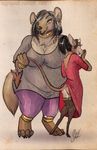  anthro bovine breasts butt canine cattle clothed clothing demon duo ear_piercing female half-closed_eyes horn hybrid legwear looking_back mammal open_mouth piercing sigil simple_background smile standing thigh_highs 