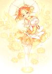  arched_back bare_shoulders blonde_hair blush bow breast_suppress breasts closed_mouth deep_skin detached_collar detached_sleeves double_bun dress floral_background flower full_body hair_flower hair_ornament highres karpin large_breasts long_sleeves magical_girl multicolored_hair orange_bow orange_hair original puffy_sleeves short_hair smile solo thighhighs two-tone_hair umbrella white_legwear wings 