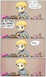  4koma blonde_hair blue_eyes blue_jacket book character_doll comic commentary cup desk doll empty_eyes english eric_cartman hello_kitty jacket kataro kenny_mccormick kyle_broflovski leopold_stotch lonely male_focus mug pen pencil playing sad sitting solo south_park speech_bubble spiked_hair stan_marsh talking 