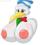  2019 anthro avian beak big_breasts bird bow_tie breasts clothing crossgender digital_media_(artwork) female hat hi_res klr-rio mascot nipples pickle solo stork vlasic 