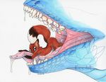  2016 ambiguous_gender anthro black_fur blue_scales butt canine dragon drooling duo english_text fox fur green_eyes imminent_vore keedot looking_at_viewer lying mammal nude on_front raised_tail red_fur saliva scales sharp_teeth signature simple_background size_difference solo_focus teeth text tongue tongue_out vore watermark white_background white_fur 