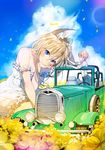  1girl animal_ears artist_name bare_shoulders blonde_hair blue_eyes blue_sky blush car chin_rest closed_eyes cloud day dress field flower flower_field giantess ground_vehicle hand_on_another's_head long_hair looking_at_viewer motor_vehicle original petting seiza short_hair sitting size_difference sky smile sukja white_dress 