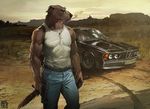  2015 abs anthro belt biceps black_nose canine car cigarette clothed clothing detailed_background digital_media_(artwork) dog front_view fur grey_fur gun holding_object holding_weapon jeans landscape mac-10 male mammal muscular muscular_male outside pants pecs pendant ranged_weapon realistic shirt smoke smoking solo standing submachine_gun tank_top vehicle watermark weapon wildering wolfhound 