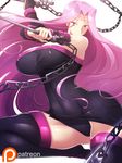  bare_shoulders black_legwear boots breasts chain dress fate/stay_night fate_(series) haganef huge_breasts light_smile long_hair microdress nameless_dagger pink_eyes pink_hair rider solo strapless strapless_dress thick_thighs thigh_boots thighhighs thighs wide_hips 