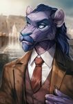  2015 anthro beard blue_eyes blue_fur blue_hair blue_nose blurred_background bust_portrait clothed clothing digital_media_(artwork) facial_hair feline fountain front_view fur hair hi_res inner_ear_fluff male mammal mustache necktie portrait solo suit watermark whiskers wildering 