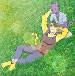  cat cuddling cute feline grass lap male male/male mammal morenatsu shin_(morenatsu) summer sun tiger torahiko_(morenatsu) 