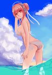  ass beach bikini breasts day from_behind headphones highres looking_back medium_breasts nitroplus ocean outdoors parted_lips red_eyes red_hair ryuuno6 short_hair_with_long_locks side-tie_bikini sideboob sidelocks solo strap_gap super_sonico swimsuit underboob wading water white_bikini 