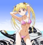  armpits arms_up bakuon!! bell bikini blonde_hair blush breasts cameltoe cleavage ground_vehicle hair_bell hair_ornament large_breasts marutaya motor_vehicle motorcycle navel pink_bikini sideboob solo suzunoki_rin swimsuit twintails underboob yellow_eyes 