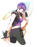  ass cropped_legs earrings energy_sword eyeliner fingerless_gloves from_behind gloves grey_eyes highres holster jacket jcm2 jewelry makeup midriff necklace open_clothes open_jacket original pantylines purple_hair short_hair solo spikes sword turning_head vest weapon 