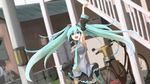  1girl aqua_hair bicycle building female fushichou hatsune_miku long_hair motorcycle skirt solo stairs thighhighs tie twintails vocaloid 