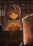  1girl bowl brown_eyes brown_hair chopsticks eating female folded_ponytail food hairclip highres inazuma_(kantai_collection) indoors kamindani kantai_collection looking_at_viewer noodles solo 