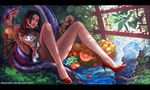  bare_legs basket black_hair blue_eyes boa_hancock brown_hair cherry convenient_leg crop_top fangs food fruit grapefruit grapes grass high_heels highres legs legs_apart lemon lipstick long_hair looking_at_viewer makeup miniskirt one_piece orange rikamello skirt snake solo 